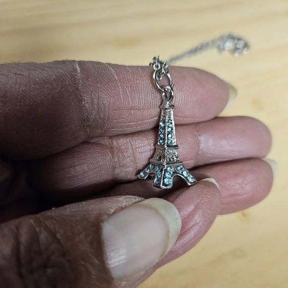 4-sided Blue Rhinestone Eiffel Tower Pendant Necklace - Picture 3 of 6